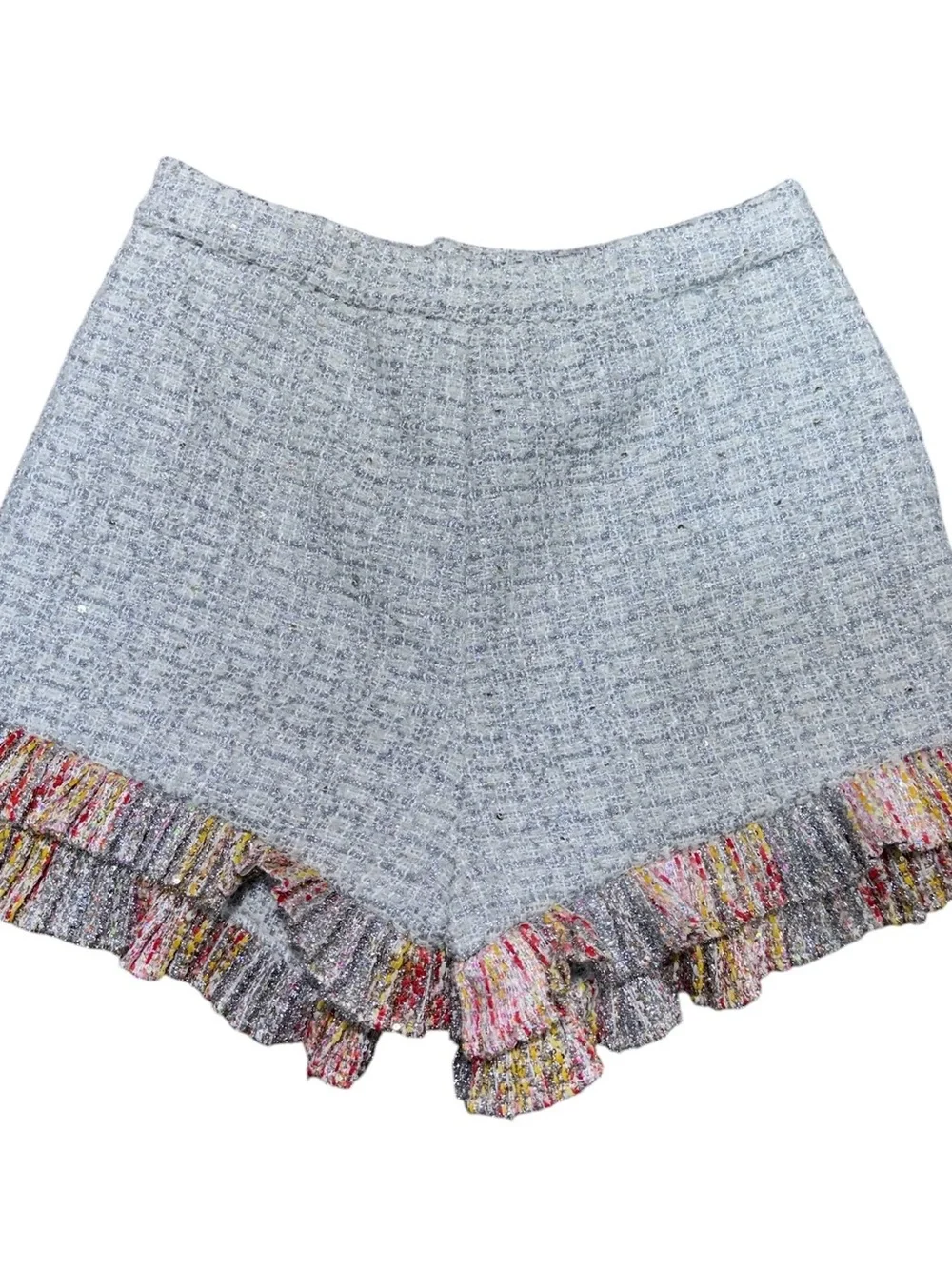 AKIRA Womens L Tweed Ruffle Shorts Metallic Sequin Multicolor High Waist NWT